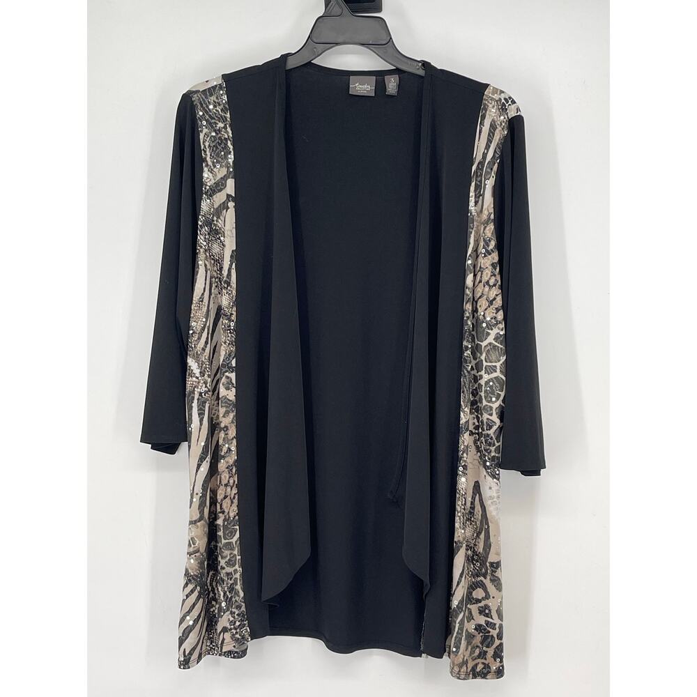 Chico’s Travelers Waterfall Cardigan Black Leopard Print Size 16 Travel Workwear